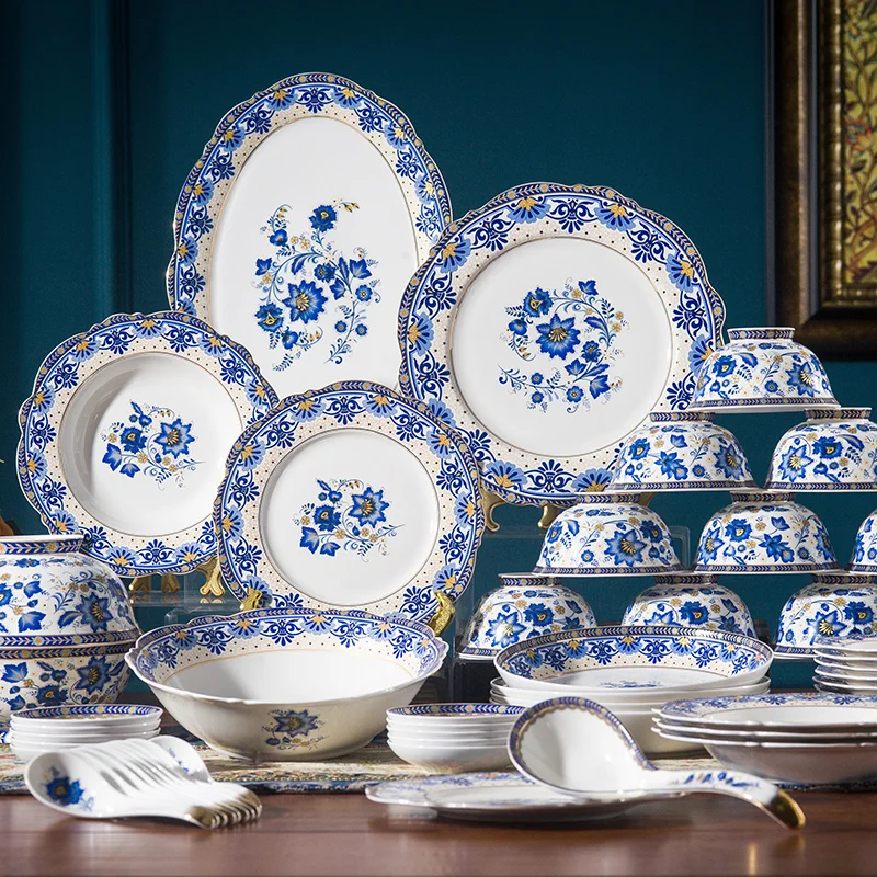 American Cutlery Vegetable Plate Household Rice Plate Ceramic Plate Set European Blue and White Enameled Bone Porcelain Fis