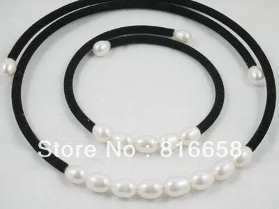 

Free shipping@@Beautiful Set Jewelry White pearl Black velours chain Necklace Bracelet