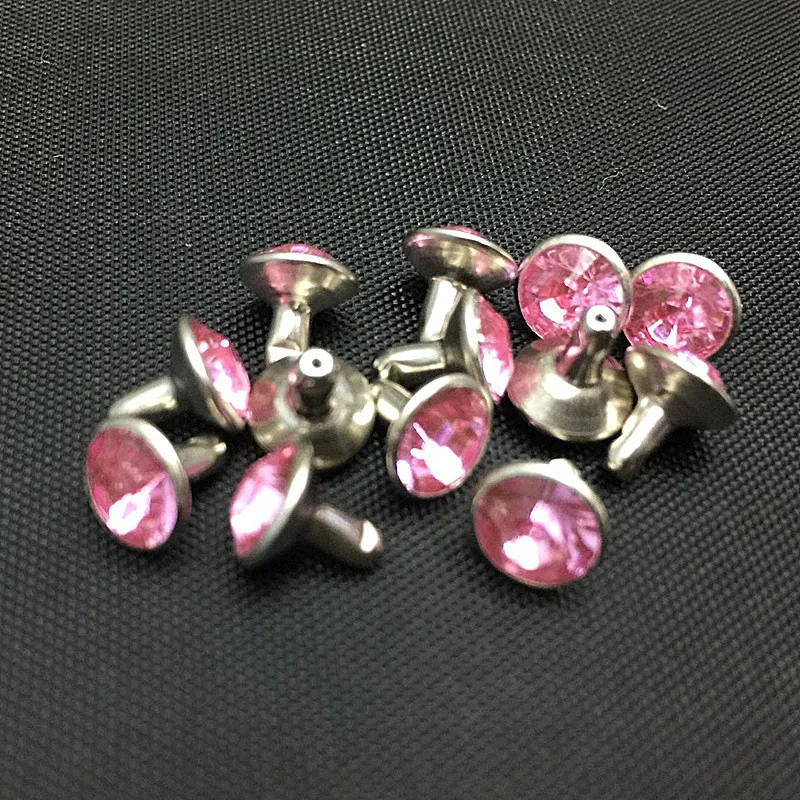 100pcs/lot 8MM Pink Rhinestone Rivets Jeans Bags Shoes Craft Decorative Spikes and Studs Nails Accessories for DIY Leather Decor