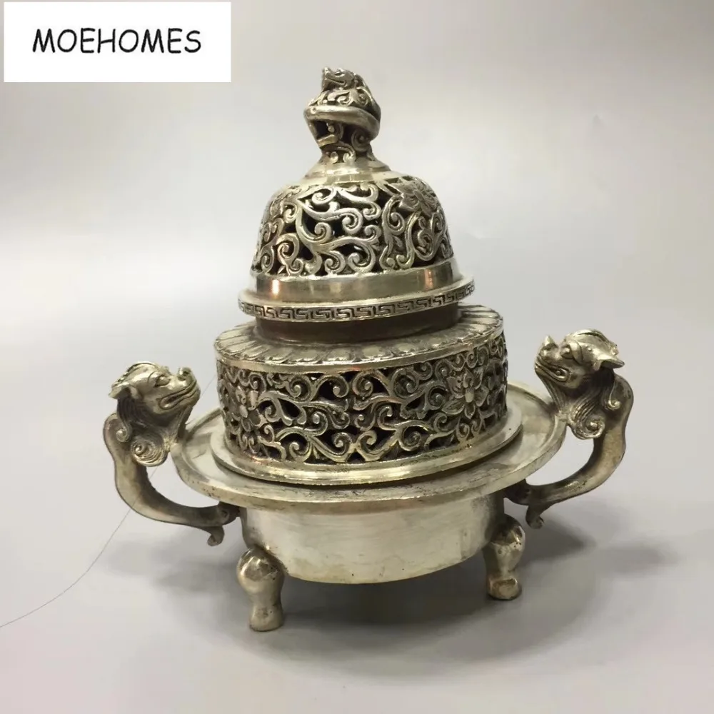 

MOEHOMES Chinese old antique silver dargon Double layer, hollowed out statues incense burner home decoration metal crafts