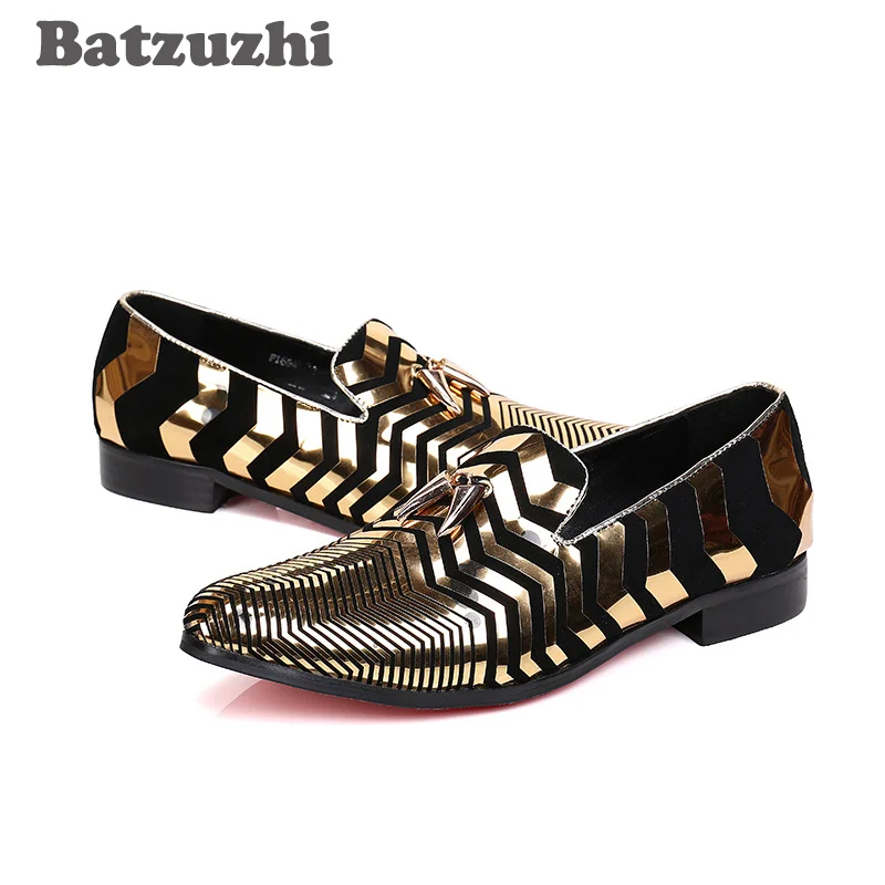 Batzuzhi Luxury Italian Style 100% Brand New Shoes Men Pointed Toe Black Suede Gold Stripe with Gold Tassel Men Shoes Casual