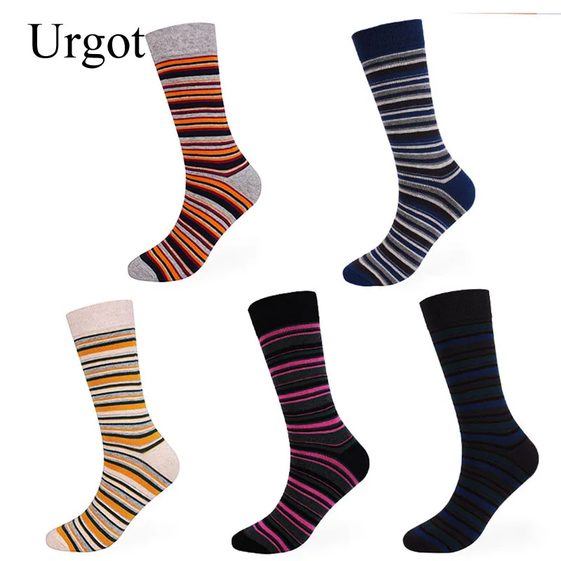 Urgot 5 Pairs Men\'s Socks Big Large Size 46,47,48 Autumn Winter Thick Odor-proof Male Socks Casual Stripe Middle Long Tube Socks