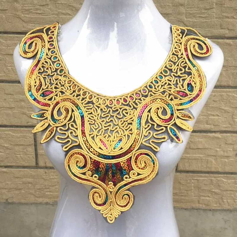 Golden Sequined Embroidered Applique Trim Decorated Lace Neckline Collars Sewing Paillettes Patches for clothes Craft