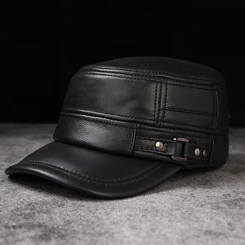 Men's Leather Flat Top Visor Hat Middle Age Male Autumn Winter Casual Cowhide Cap Elderly Warm Ear Protection Fashion Caps H6995