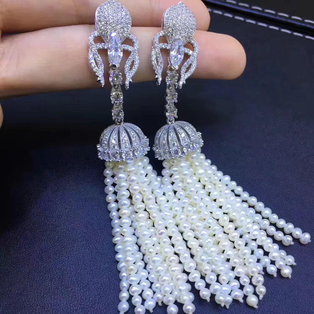 gemstone jewelry real natural fresh water drop earring long tassels multi layers 925 sterling silver fine women jewelry