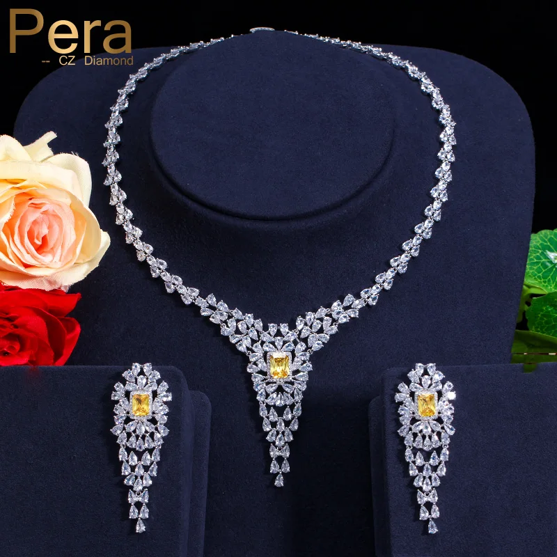 Pera CZ Vintage Big Yellow Cubic Zirconia Pear Shape Luxury Women Party Long Drop Chocke Necklace Jewelry Set For Wedding J140