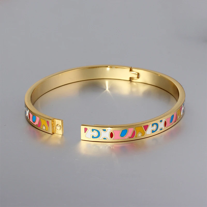 Color Culture Femme Titanium Stainless Steel Open Bangles Ethnic Colorful Enamel Costume Jewelery