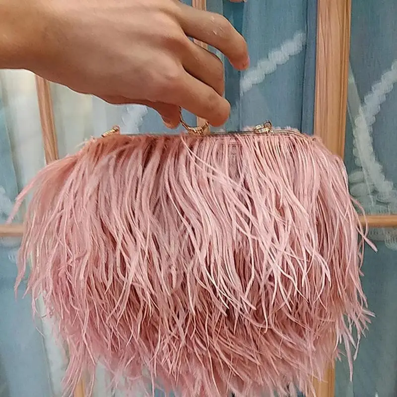 Women Bags Handbags Famous Brands Ostrich Feather Clutch Luxury Handbags Women Bags Designer Chain Evening Party Clutch Bag