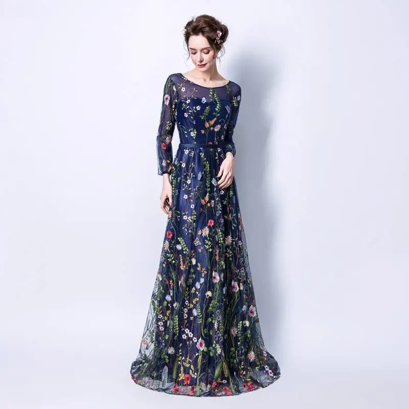 JaneVini Charming Navy Blue Long Sleeve Dresses 2019 เย็บปักถักร้อยดอกไม้รูปแบบภาพลวงตา Tulle ชุดสาย Vestidos De Gala