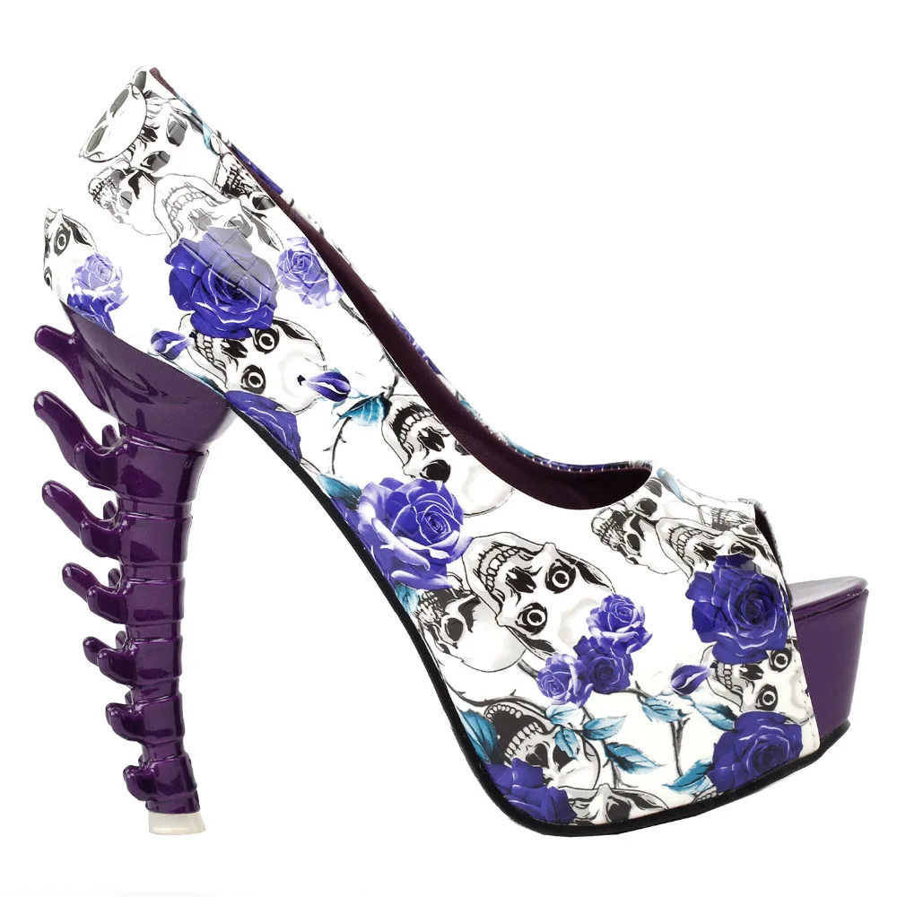 LF80629 Purple Skull Rose Peeptoe Platform Bone Heel Club Pumps