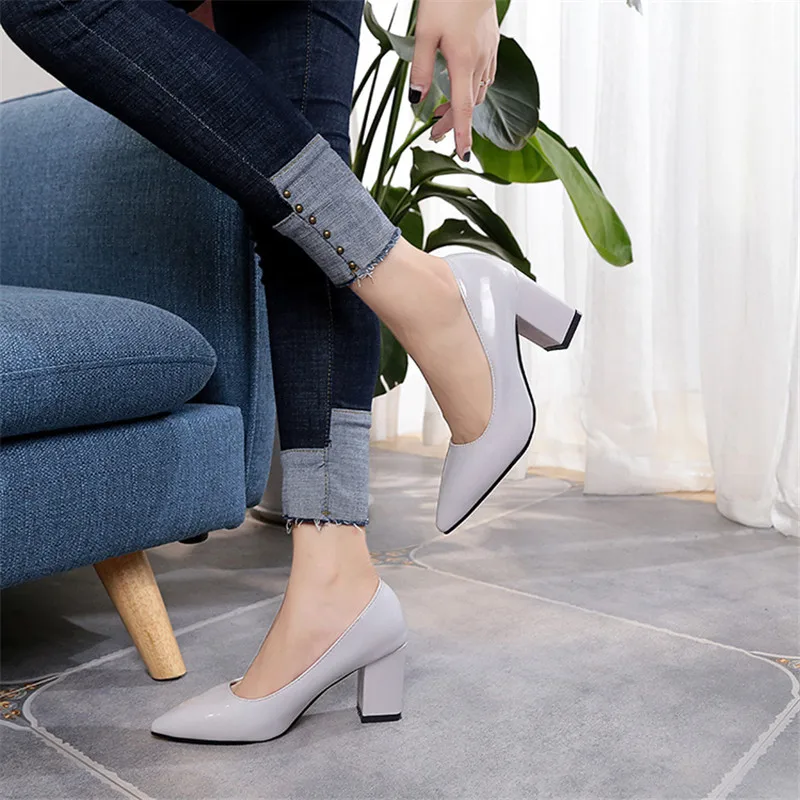 New Women Pumps Black High heels 7.5cm Lady Patent leather Shallow Thick with Autumn Pointed Single Shoes Slip-On Female Shoes