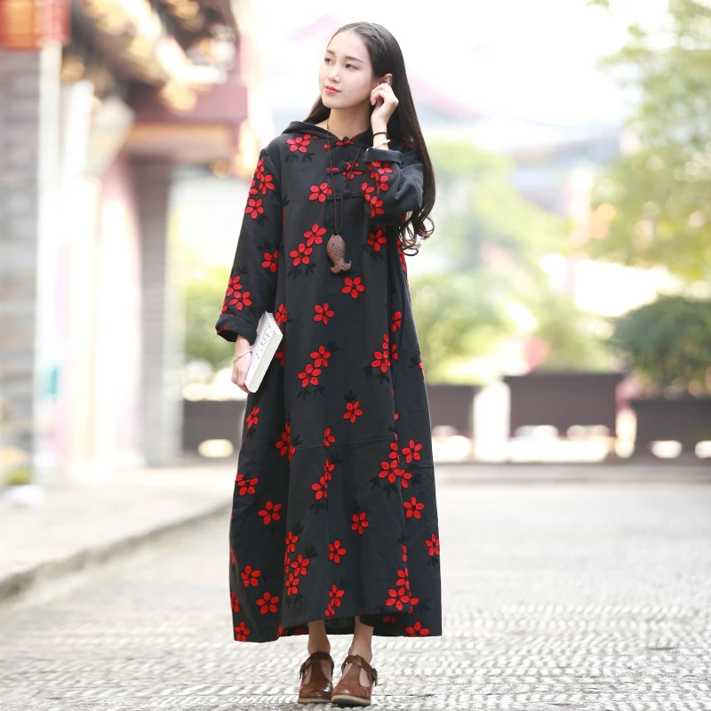 LZJN-Floral Duster Coat for Women, Embroidery Jacket, Hooded Windbreaker, Cotton Vintage Chinese Long Jacket, Spring and Autumn