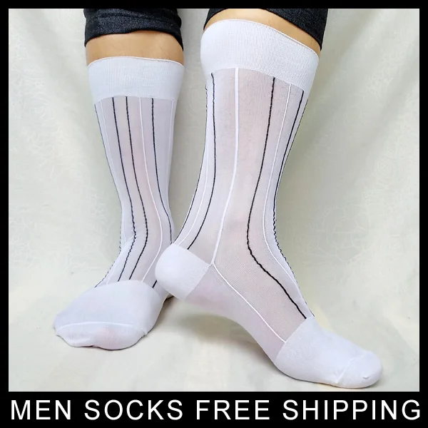 Sexy Fetish Collection Mens Nylon Socks Striped Gay Sheer Softy Comfortable Male Formal Hose Dress Suit Gentlemen