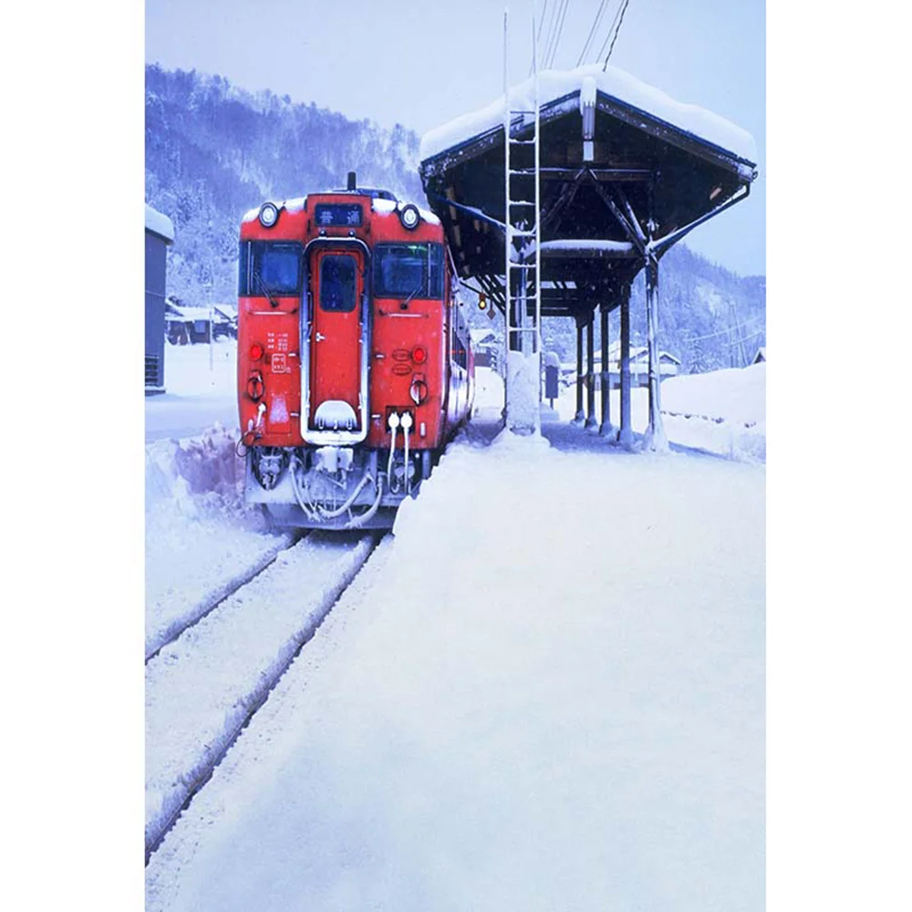 Railway Station Winter Scenic Photography Backdrop Printed Mountain Village Houses Red Train Thick Snow Photo Studio Backgrounds