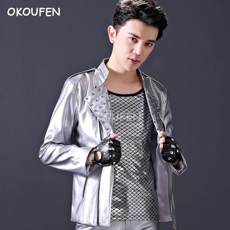 Personality Korean Silver Rivets Jacket Hiphop Jazz Dance wear Nightclub Bar Male Singer Host Stage Costume