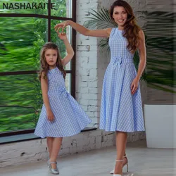 NASHAKAITE Mom and daughter dress Fashion Sundress Sleeveless Plaid Bow-knot Back Zipper Mini Dress Mother and Daughter Clothes