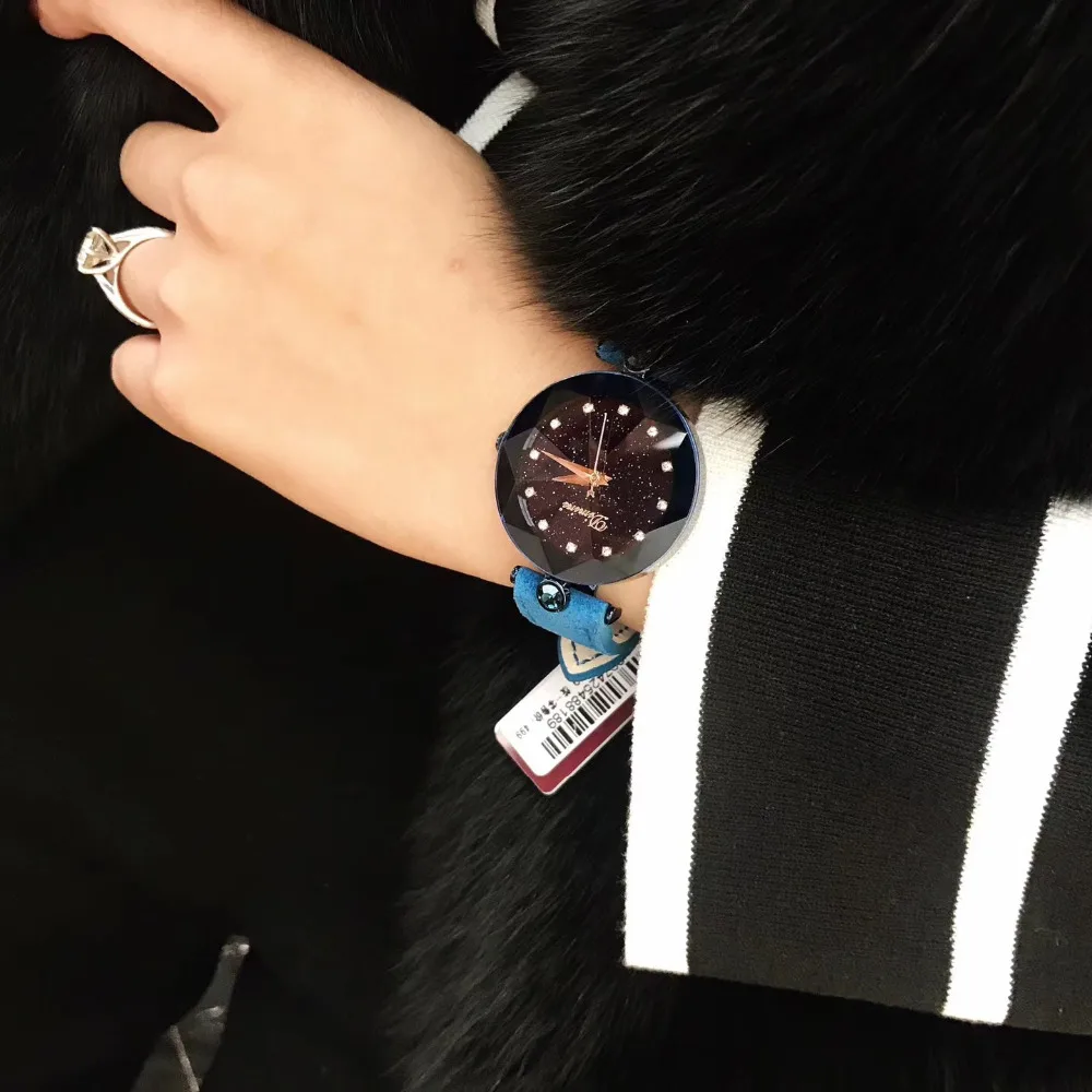 Brand Women Vivid Blue Watches Waterproof Real Fur Leather Wrist watch Multi Cutted Glass Star Crystal Watch Quartz Montre Femme