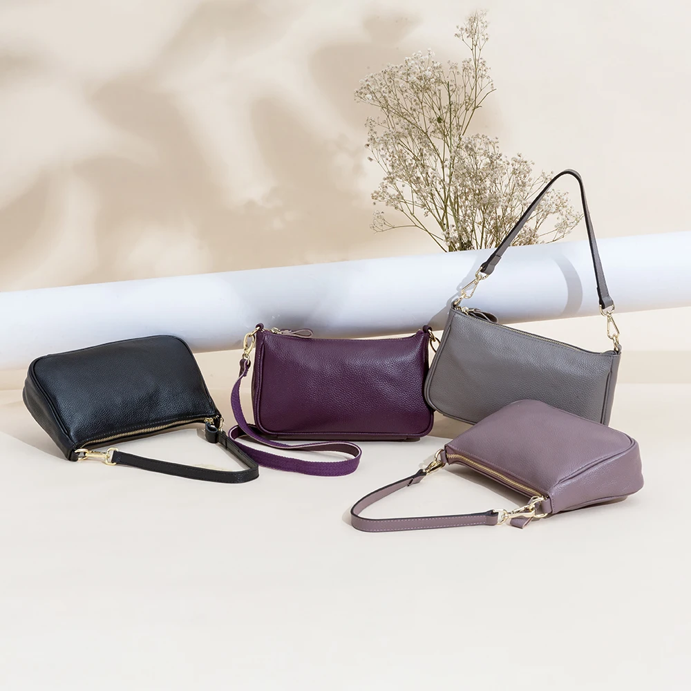 Imagem -03 - Zency Elegante Roxo Mulher Bolsa de Ombro 100 Couro Genuíno Preto Hobos Moda Senhora Mensageiro Crossbody Bolsa Pequena