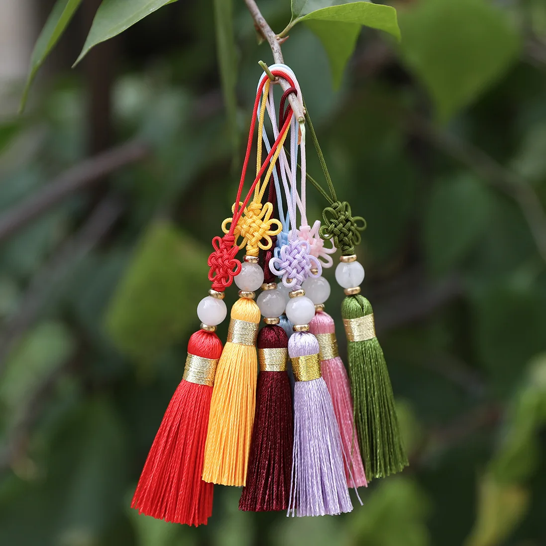 Chinese Knot Tassel with Jade Silk Fringe Bangs Flower Tassel Trim Decorative Garment for Curtains Home Decoration Accessories