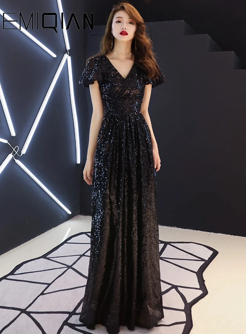 Sequined V Neck Party Banquet Evening Prom Dresses Cap Sleeve Black Long Formal Choir Dress