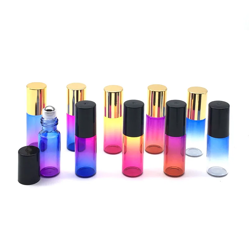 

Empty 5ml Gradient Colorful Roll-On Glass Perfume Bottle Fragrance Essential Oil Roller Bottle Black Gold Cap 50pcs