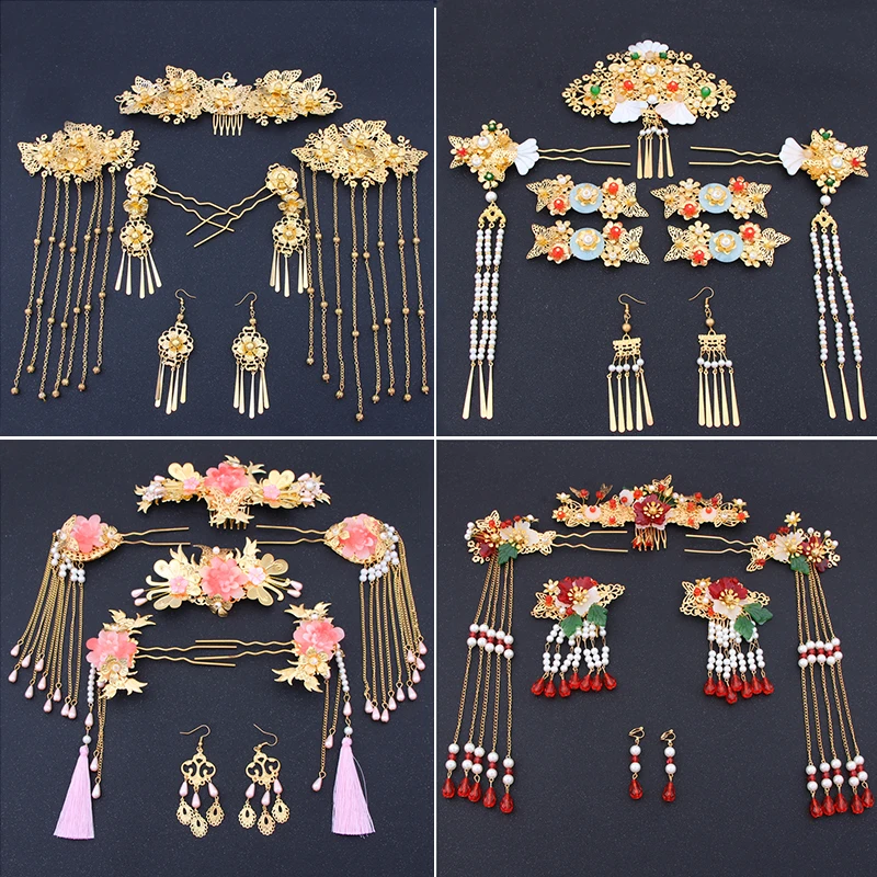 

Chinese show and Hanfu bridal tiara suit tassels Feng Guanxia hair accessories wedding red costume show