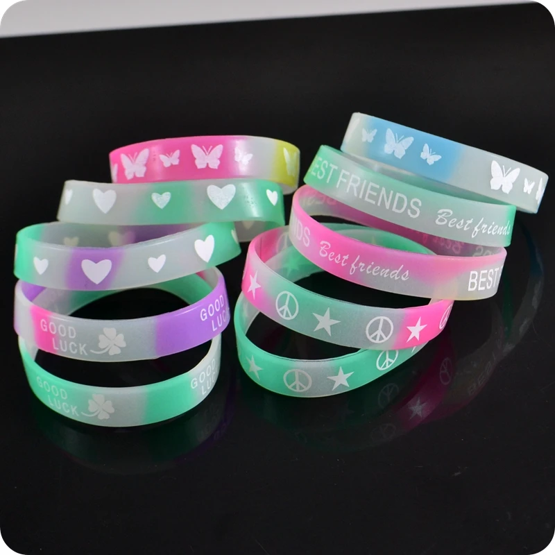 100pc Mixed 10mm Multicolor Sport Silicone Wristband Bracelet Glow in Dark Fashion Jewelry