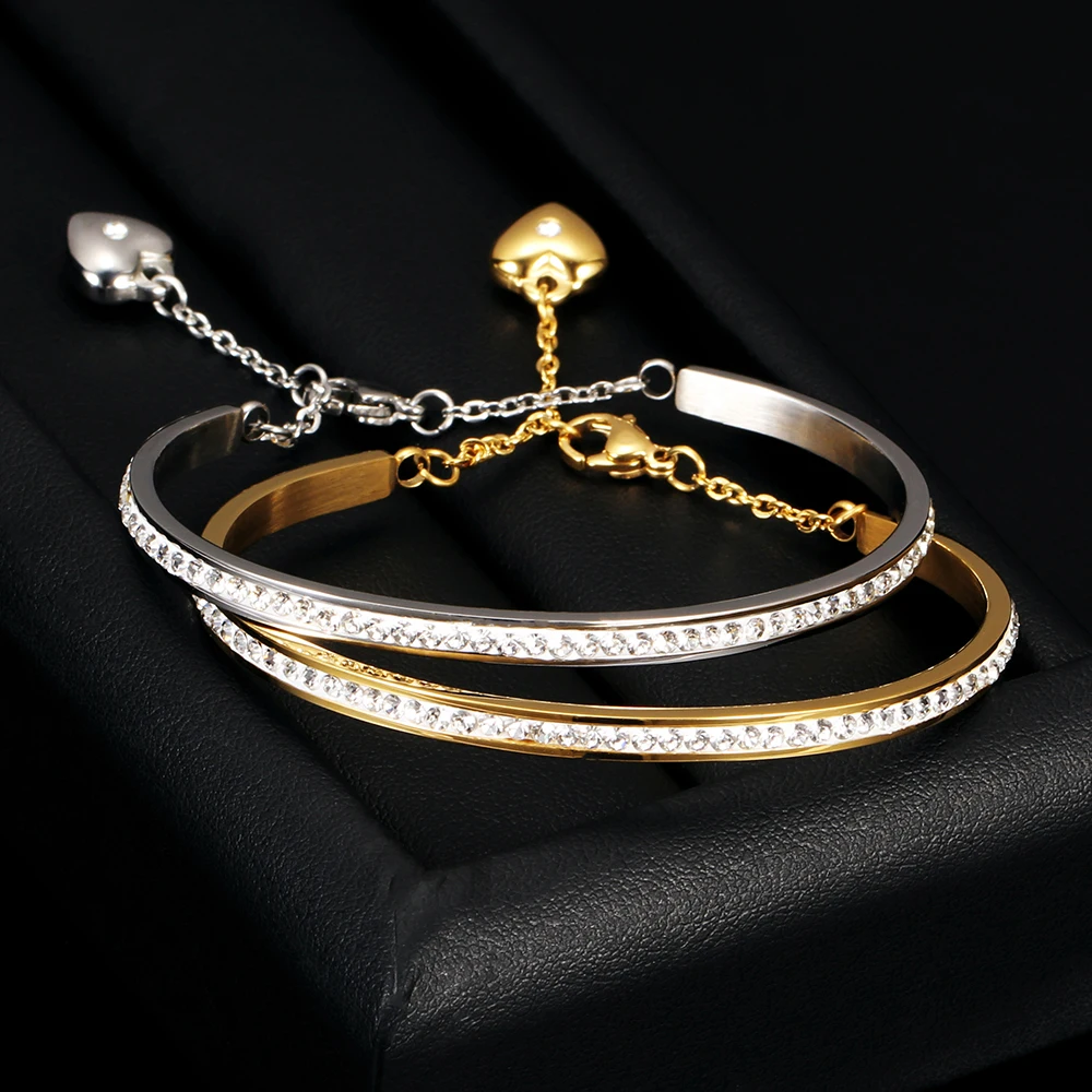 Luxury Wedding Bracelet Jewelry Stainless Steel Gold Color Pulseras Mujer OL Style Cubic Zirconia Fashion Party Bangle