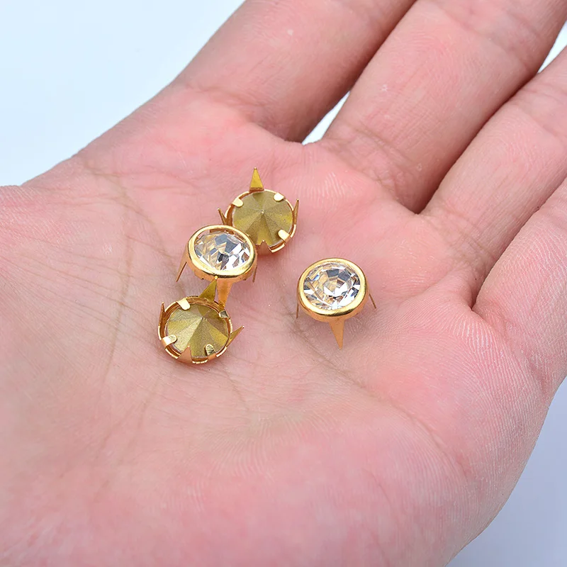 JUNAO 50pcs 10mm Gold Metal Studs Rivet Rhinestones  Rivet Glass Crystal Studs Spikes Decor Rivets for Leather Clothes Crafts