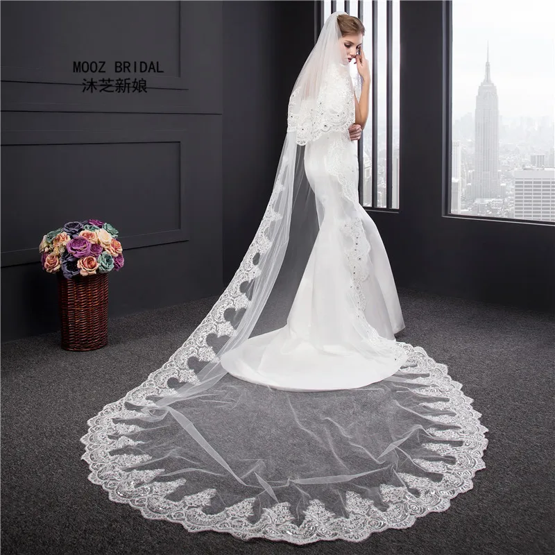 Bridal Veil Cathedral Length Lace Edge Real Pictures BeadsCrystals Decoration 2T 3M Bling bling Wedding Veils Covered Face 2017