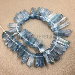 MY0778 Matte Mystic Blue Crystal Quartz Titanium Stick Beads,Rough Quartz Healing Spike Point,Raw Quartz Top Drilled Beads