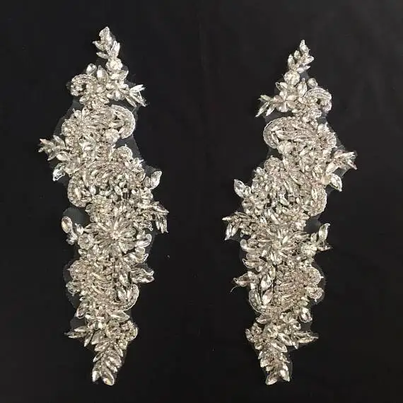 1 pair/lot Rhinestone Crystal Beaded Iron on Bridal Applique Pair for Wedding Sash Belt , Gown Straps 11 x 31 cm