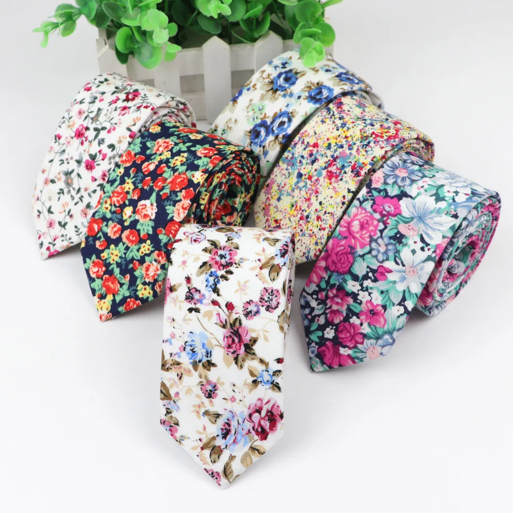 ربطة عنق قطنية للرجال ، زهور ملونة ، ضيقة ، رفيعة وسميكة