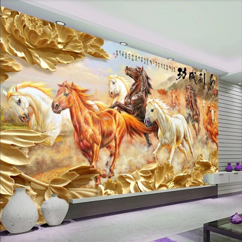 

Custom wallpaper 3D photo murals solid mural high-grade wood carving peony horse to success living room TV background wall paper