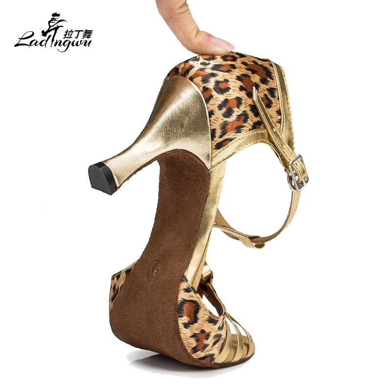 Ladingwu  Tiger texture Satin and Golden PU Latin Dance Shoes Women Satin Salsa Dance Shoes Soft Bottom sandals