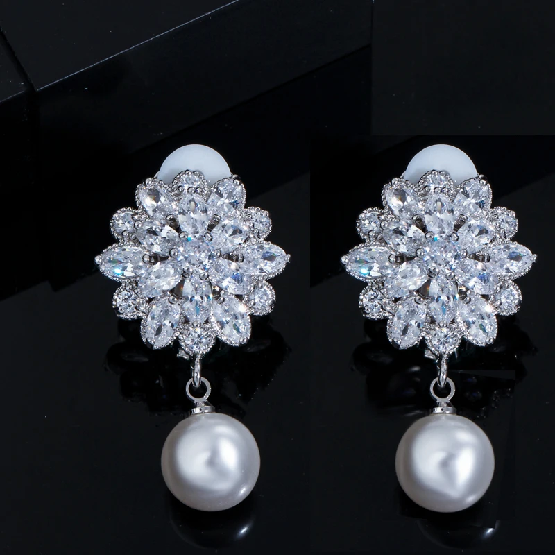 CWWZircons Fashion White CZ Crystal Drop Pearl Flower Clip on Earrings Non Pierced 5A Cubic ZIrcon Bridal Wedding Jewelry EJ0012