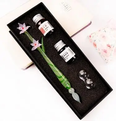 Jade Flower Glass Dip Pen With Colour Ink ,Painting Transparent Gradual Change Color Pen Gift Box Suit