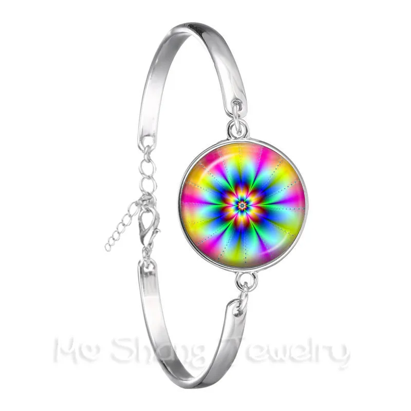 Flower Of Life Dazzling Blue Kaleidoscope Mandala For Women Girl Gift Glass Black Leather Bracelet Bangle Jewelry Bijouterie