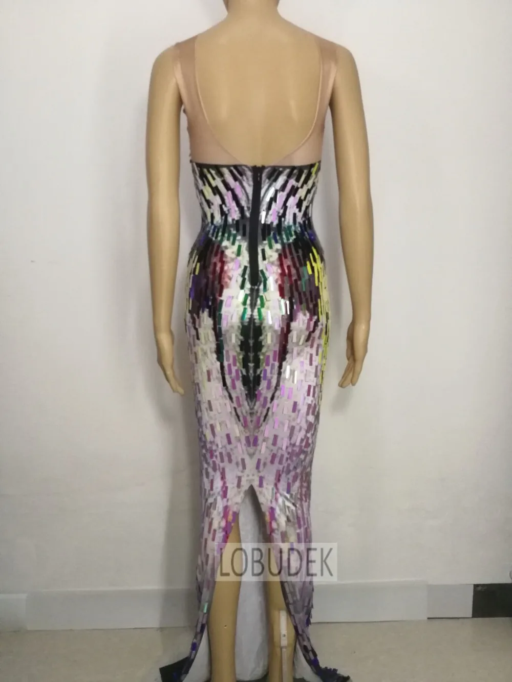 Colorful Sequins Bodycon Maxi Dress Sleeveless Stretch Women Sexy Stage Nightclub Bar Performance Costume Club Party Long Dress