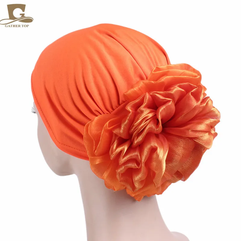 Women\'s Hijabs Big Flower Turban Hair Accessories Elastic Cloth Hair Bands Hat Beanie Ladies Muslim Solid Hair Loss Scarf Cap