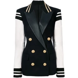 HIGH QUALITY Newest Fashion 2024 Designer Blazer Women's Leather Patchwork Double Breasted Blazer Classic Varsity Jacket