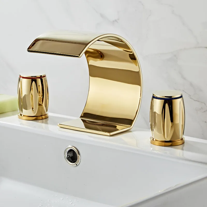 Widespread Basin Faucets Total Brass Gold Deck Mounted Bathroom Sink Faucets 3 Hole Hot And Cold Waterfall Mixer Water Tap