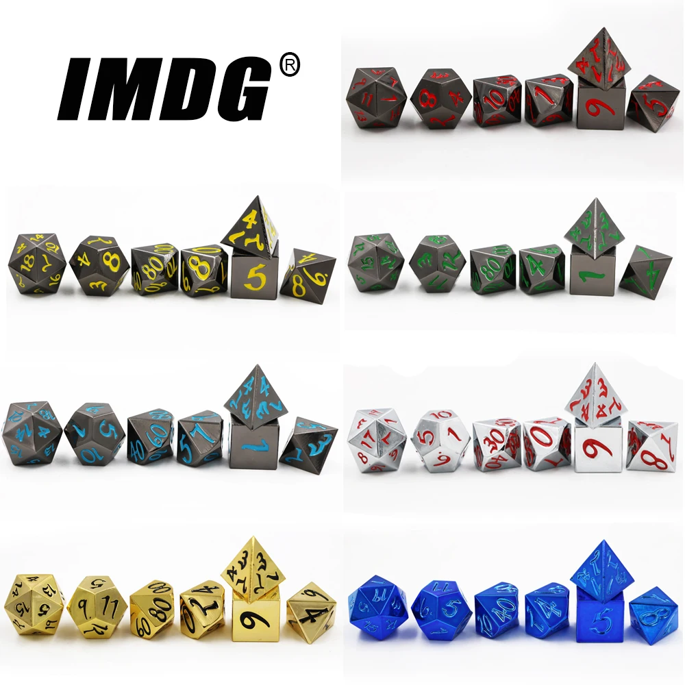 

IMDG 7 шт./компл. креативные игровые кости для ролевых игр, многогранные металлические кости, большой шрифт, цифровые игральные кости DND