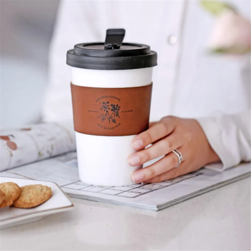 Ceramic Mug With Leather Cup Cover Letter Flower Pattern Milk Coffee Portable Cups Household Office Drinkware Creative  450ML