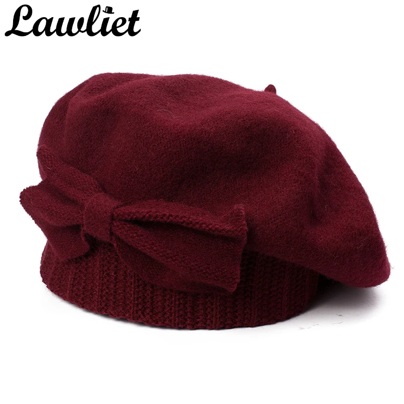 Lawliet Womens Beret Winter Cap 1920s Chic Style 100% Boiled Wool Bow Details Winter Beanie Skullies Basque French Artist Bonnet