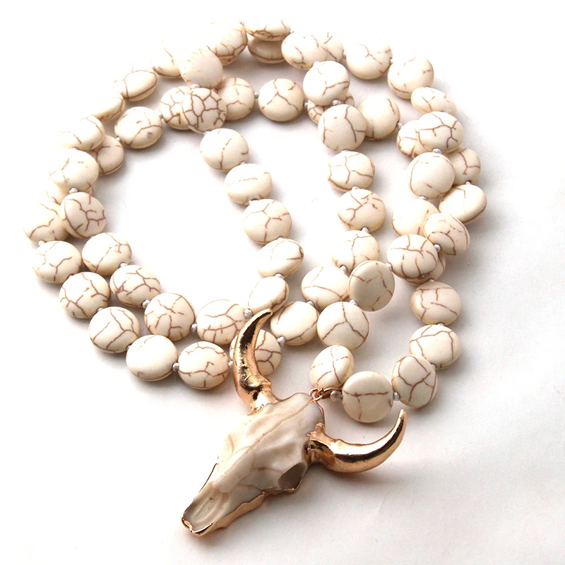 Fashion Knotted Flat White Stone Horn Pendant Ethnic Necklace Bohemian Tribal Jewelry