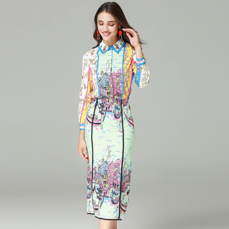 

High quality fashion runway set Women's Long Sleeve Crystal Shirt and Print Mid-Calf Bodycon Skirt Casual Elegant Suit sets