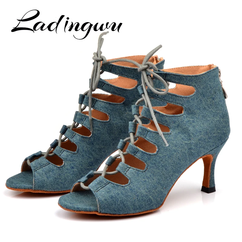 Ladingwu Latin dance shoes Women Denim Blue Dance boots wide thin high heel 10-6cm Salsa Performance Ballroom Dance Shoes