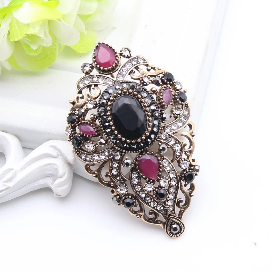 Vintage Turkish Women Flower Brooches Pins Antique Gold Color Resin Broches Brooch Pendant Dual-Purpose Ladies Ethnic Jewelry