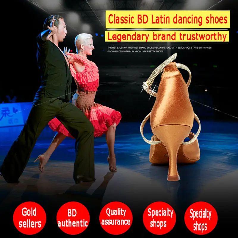 Latin Dance Shoes Woman Ballroom  Satin Spring Buckle Thin Heel Brown Slip-On BDSALSA Fashion Female Brand Discount BD 2369